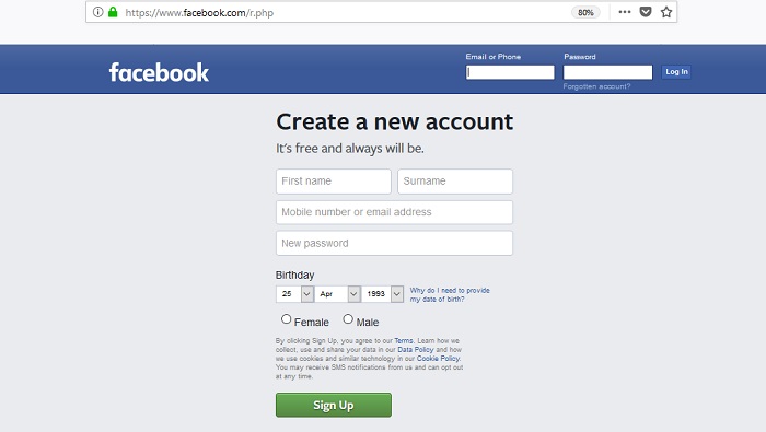 facebook sign up. Create a Facebook account